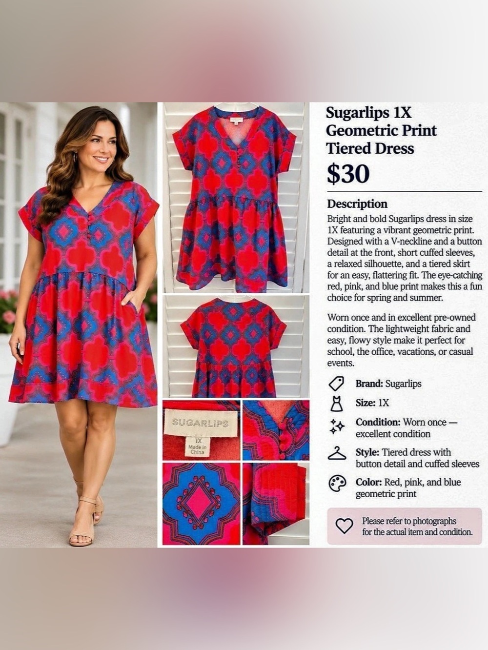 Sugarlips Geometric Print Tiered Dress Mini Dress Red & Blue 1X